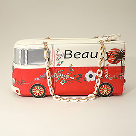 Faux Leather Floral Beauty Bus Chain Strap Bag